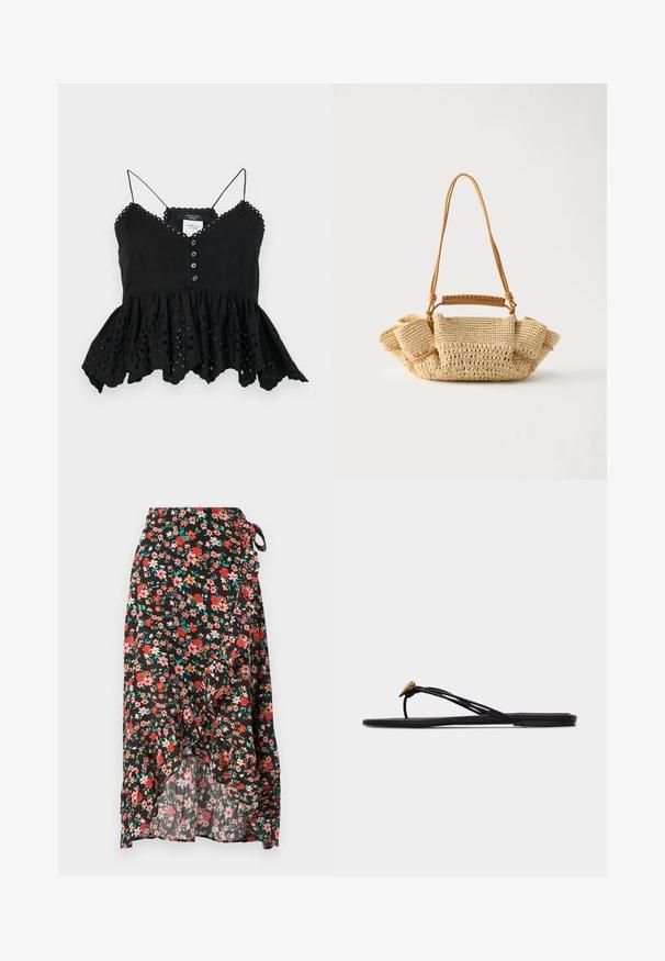 Sort ærmeløs top med V-hals, knaplukning foran og flared peplum afslutning. Har dekorativ broderi og scalloped kanter.; Blomsterindpakningsnederdel med sort baggrund, røde og pink blomster, flæsekant, justerbar bindebånd i taljen og letvægtsstof.; Sort flad thong-sandal med flere tynde stropper og en lille guldfarvet dråbeformet dekoration på den forreste rem.; Vævet beige håndtaske med en lang tynd strop og opsamlede sider, med et kort håndtag indpakket i læder til forskellige bære muligheder.