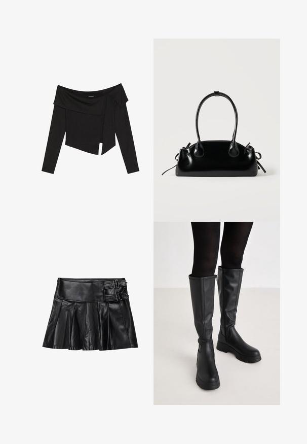 Schwarzes schulterfreies Oberteil mit langen Ärmeln, das ein gestuftes Design und einen leicht verkürzten Saum aufweist. Hergestellt aus geripptem Material.; Schwarze Lederrock mit Falten, breitem Bund und zwei Schnallenakzenten an der Seite. Glatte Textur mit glänzendem Finish.; Even&Odd by Zalando Plateaustiefel - black; Kleine schwarze glänzende Handtasche mit zwei langen Griffen und seitlichen Kordelzug-Details vor einfachem hellem Hintergrund.