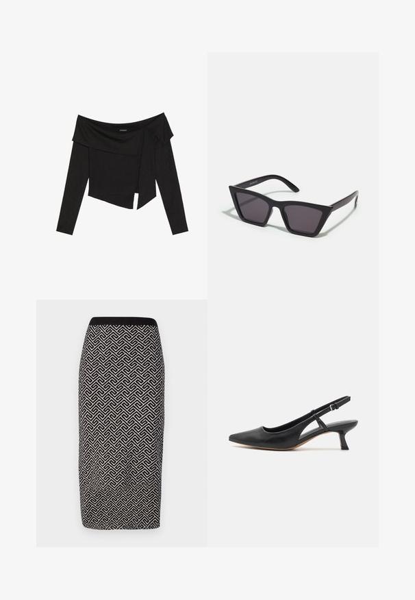 Sort off-shoulder top med lange ærmer, der har et lagdelt design og en let cropped kant. Fremstillet af ribbet materiale.; Sorte og hvide mønstrede blyantskørt i struktureret stof, med en ribbet talje og geometrisk design over det hele.; Sort læder slingback-sko med spidse tæer, lav blokhæle, udskårne sidedele og justerbar ankelrem. Glat tekstur hele vejen igennem.; Sorte, kantede solbriller med grå linser; lavet af plast, med tykke stænger med en glat overflade og ingen synlig hardware.