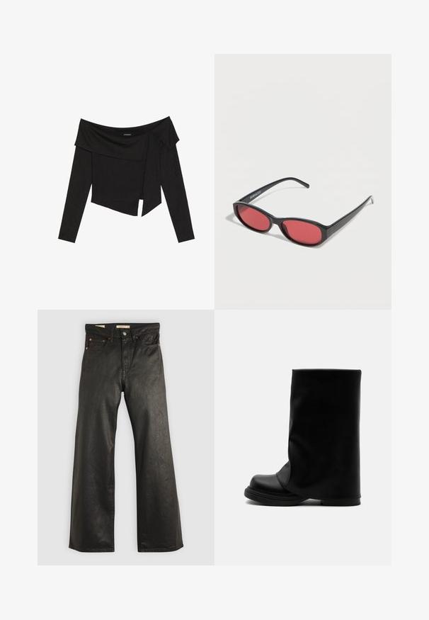 Sort off-shoulder top med lange ærmer, der har et lagdelt design og en let cropped kant. Fremstillet af ribbet materiale.; Sorte denim bukser med brede ben og en glat tekstur, der har fem lommer og detaljer i kobberfarvet metal. Klassisk knaplukning.; Sort høj læderstøvle med bred, løs øvre skaft og en tyk, rundet sål på hvid baggrund.; Sorte ovale solbriller med tynde arme og rødtonede linser, der ligger på en hvid overflade.