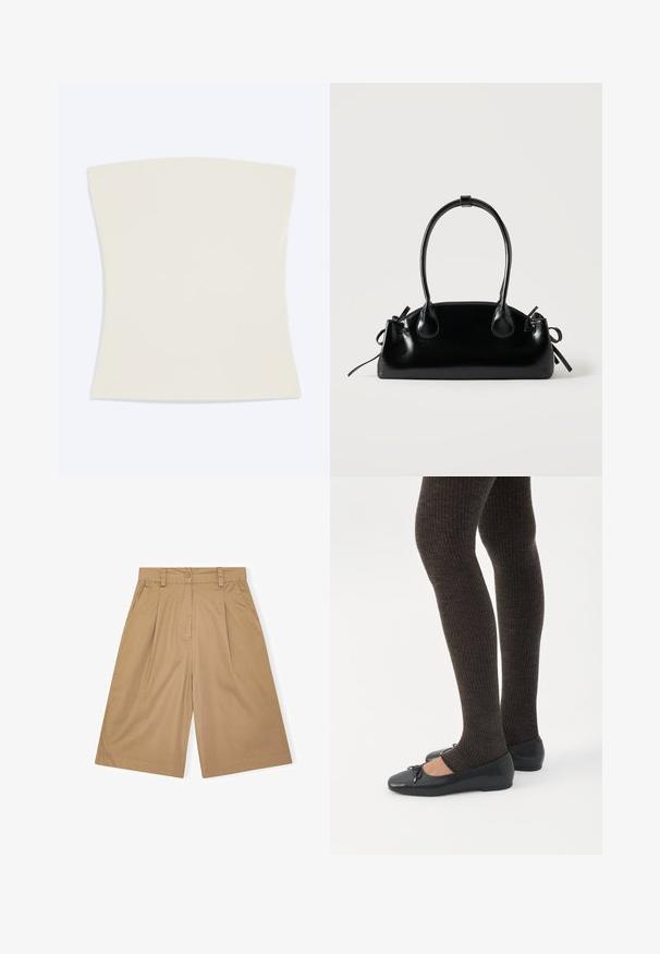 Top tipo tubo sin tirantes de color crema con escote recto y tejido liso, colocado plano sobre un fondo claro.; Pantalones cortos de algodón beige con un corte relajado, que presentan pliegues, cierre de botón y bolsillos laterales. Textura suave y diseño hasta la rodilla.; Piernas con leggings oscuros acanalados combinados con bailarinas negras que presentan pequeños detalles de lazo sobre un fondo blanco.; Pequeño bolso negro brillante con dos asas largas y detalles de cordón lateral sobre un fondo claro liso.