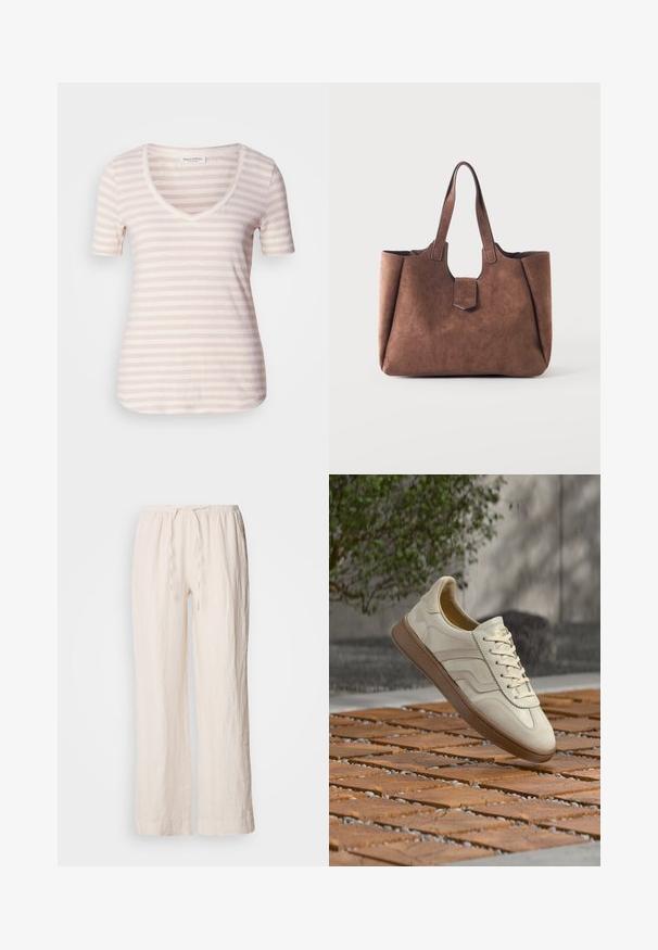 T-shirt à manches courtes en V couleur beige clair avec de fines rayures blanches horizontales. Tissu doux avec une coupe décontractée et un ourlet arrondi.; Pantalons larges en lin beige clair avec une taille élastique et des détails de cordon. Caractérisés par une surface texturée, légèrement froissée.; Baskets couleur crème avec une semelle extérieure en caoutchouc beige texturée, un design à lacets et un marquage subtil sur le côté. Tige en cuir lisse.; Sac cabas en daim marron avec deux poignées et une petite fermeture à rabat avant sur un fond clair uni.