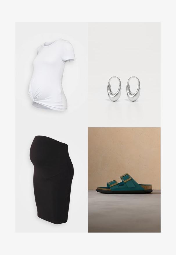 Anna Field MAMA T-shirts basic - light blue; Sort graviditetsnederdel lavet af blødt, strækbart stof. Har et højt livpanel for komfort og en tætsiddende design, der former sig efter kroppen.; Blågrøn slip-on sandal med to gyldne spænder svæver over beige tæppe, rundt træbord med stabler af bøger og grå sofa i baggrunden.; Sølv hoops øreringe med en buet, tårnformet skulptur og poleret finish. Har en sikker lås og glat overflade.