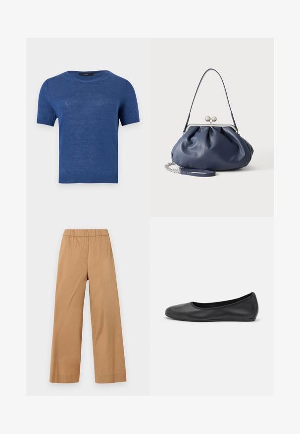 Pull tricot à manches courtes bleu avec col rond et bords côte aux manches et à l'ourlet, présenté sur un fond blanc uni.; Pantalon beige à jambes larges avec taille élastique, sans poches ni fermetures visibles, présenté sur un fond clair uni.; Ballerines en cuir noir avec un bout rond, texture lisse, détails de couture minimalistes et design de semelle flexible.; Sac à main en cuir bleu marine doux avec fermeture à boucle argentée, une seule bandoulière, et une chaîne de poignet amovible sur fond blanc.