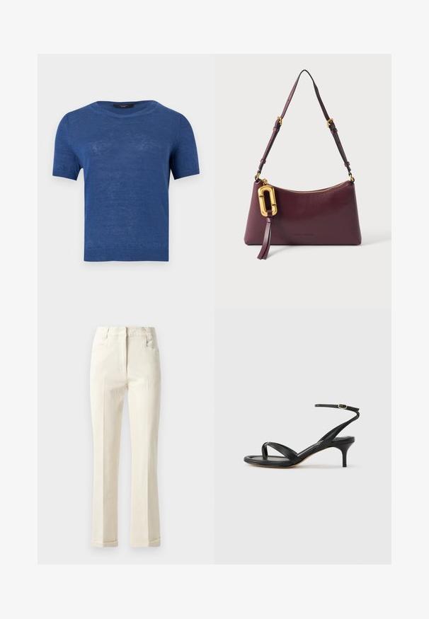 Pull tricot à manches courtes bleu avec col rond et bords côte aux manches et à l'ourlet, présenté sur un fond blanc uni.; Pantalons beiges à jambe droite en tissu mélangé coton, avec une taille mi-haute, des poches avant et une texture subtile à la surface.; Sandale pour femme en cuir noir avec fines lanières, une boucle d'orteil, une boucle à la cheville et un talon aiguille de hauteur moyenne sur un fond neutre.; Sac à bandoulière en cuir violet foncé avec une sangle réglable, une fermeture éclair dorée et une grande boucle décorative dorée avec un pompon en cuir.