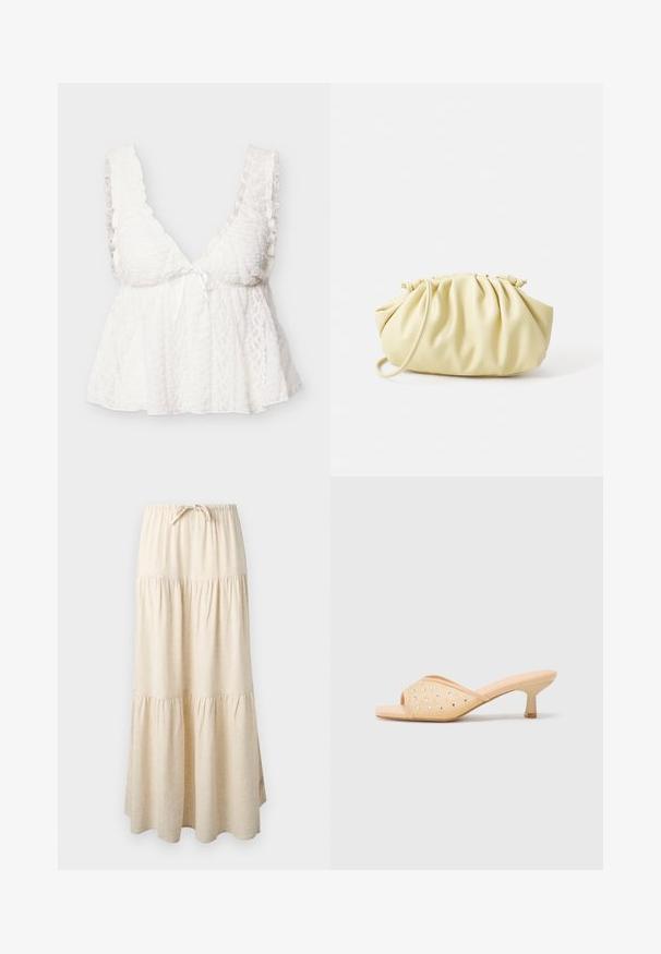 Haut sans manches en dentelle blanche avec bretelles volantées, col en V profond, buste ajusté et bas ample et fluide avec un petit nœud devant.; Jupe maxi beige à volants avec ceinture élastique et cordon de serrage, présentant un tissu fluide et froncé.; Mules à talons ouverts beige avec une finition matte lisse, ornés de strass transparents disposés en motif sur le dessus.; Sac à main plissé jaune en simili cuir lisse, arborant une forme douce avec une bandoulière unique et un design froncé sur le dessus.