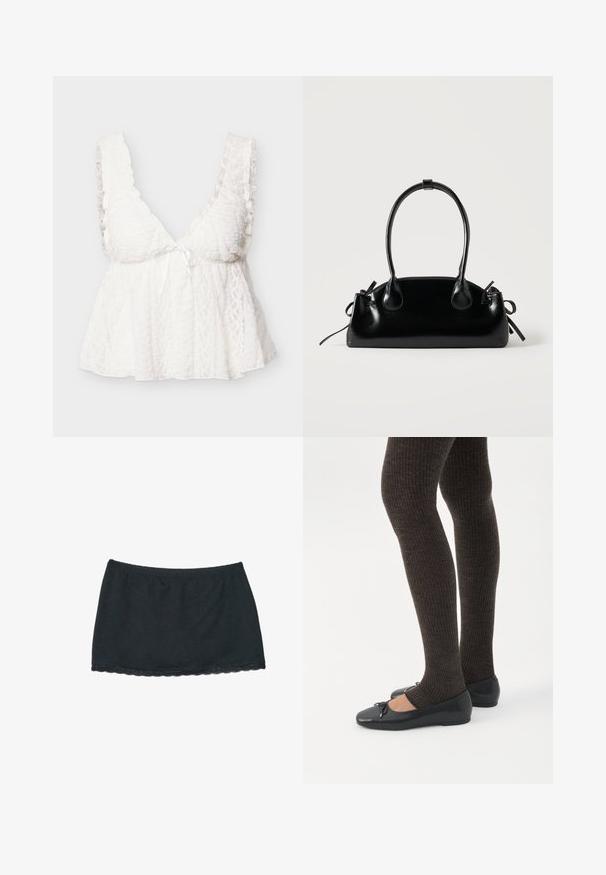 Haut sans manches en dentelle blanche avec bretelles volantées, col en V profond, buste ajusté et bas ample et fluide avec un petit nœud devant.; Mini-jupe noire avec taille élastique et bordure en dentelle le long de l'ourlet inférieur, posée à plat sur un fond blanc.; Jambes portant des leggings côtelés foncés associés à des ballerines noires avec de petits détails en nœud sur fond blanc.; Petit sac à main noir brillant avec deux longues anses et des détails à cordon sur les côtés sur un fond clair uni.