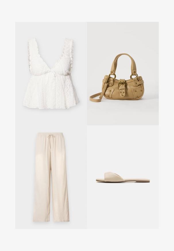 Haut sans manches en dentelle blanche avec bretelles volantées, col en V profond, buste ajusté et bas ample et fluide avec un petit nœud devant.; Pantalon beige à coupe ample avec taille élastique et cordon de serrage à l'avant, jambes droites, présenté sur un fond clair uni.; Des sandales plates en matériau beige doux, avec un design ouvert à l'avant, une texture lisse et une forme minimaliste, accompagnées d'une semelle marron clair.; Sac à main en cuir beige avec double poignées, boucle en laiton et détails rivetés, ainsi qu'une bandoulière réglable sur fond blanc.