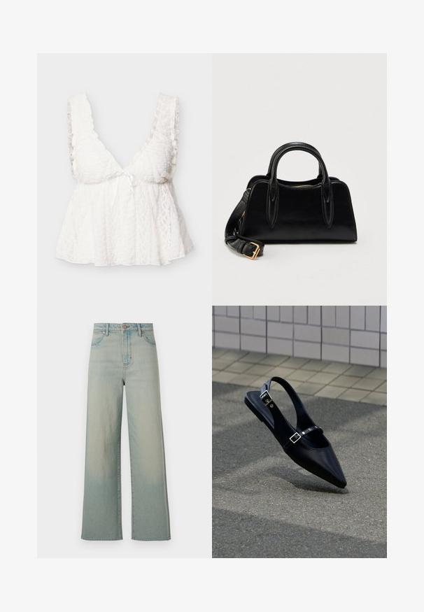 Wit kanten mouwloos topje met gerimpelde bandjes, diepe V-hals, aansluitende buste en losse, vloeiende onderkant met een klein strikje vooraan.; Wrangler LOOSE STRAIGHT - Wijde jeans - silver lake; Zwarte platte slingback met spits toelopende neus en dubbele gespsluitingen, rustend op grijs asfalt bij een achtergrond van betegelde muur.; Zwarte leren handtas met dubbele handvatten en een afneembare schouderriem met gouden gesp, geplaatst tegen een effen witte achtergrond.