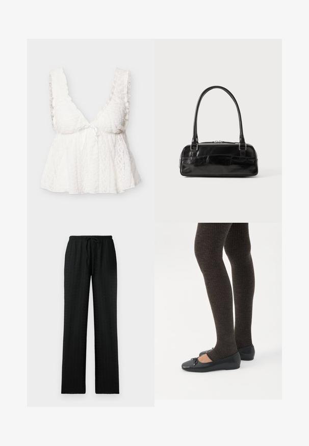 Top sin mangas de encaje blanco con tirantes fruncidos, escote en V profundo, busto ajustado y parte inferior suelta y fluida con un pequeño lazo frontal.; Pantalones de pierna ancha, texturizados y de color negro, con una cintura elástica y cordón ajustable; diseñados para comodidad y un ajuste relajado.; Piernas con leggings oscuros acanalados combinados con bailarinas negras que presentan pequeños detalles de lazo sobre un fondo blanco.; Bolso de mano de cuero negro con forma rectangular, equipado con un asa estructurada, herrajes en plata y cierre de cremallera. Textura suave.