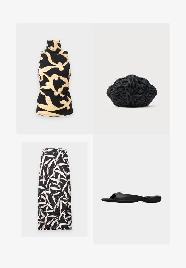 Haut sans manches avec col montant, motif abstrait de vignes noir et beige, taille ajustée et texture de tissu lisse.; Jupe midi noire avec motif abstrait de feuilles blanches et beiges, coupe droite et taille ajustée.; Sandale noir à enfiler à bout ouvert avec semelle texturée et design minimaliste, vue de côté sur un fond gris clair uni.; Sac à main en osier noir en forme de coquille Saint-Jacques avec un dessus courbé et une texture tressée sur un fond uni.