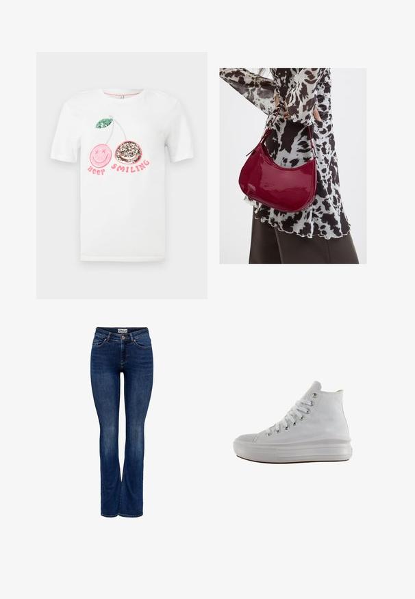 Weißes T-Shirt mit zwei paillettenbesetzten Kirschen, eine rosa mit gekreuzten Augen und eine silberne mit einem Lächeln, und dem Text "Keep Smiling" darunter in Rosa.; Dunkelblaue Jeans aus Denim mit leichter Verblendung, Fünf-Taschen-Design, Knopfverschluss und Bootcut-Beinstil, mit dem Etikett "ONLY" am Bund.; Weißer High-Top-Canvas-Sneaker mit weißen Schnürsenkeln, metallischen Ösen, dicker Gummisohle und strukturierter Zehenkappe, nach links auf weißem Hintergrund ausgerichtet.; Frau trägt eine schwarz-weiß gemusterte Bluse und hält eine glänzende rote Schultertasche vor einem einfarbigen Hintergrund.
