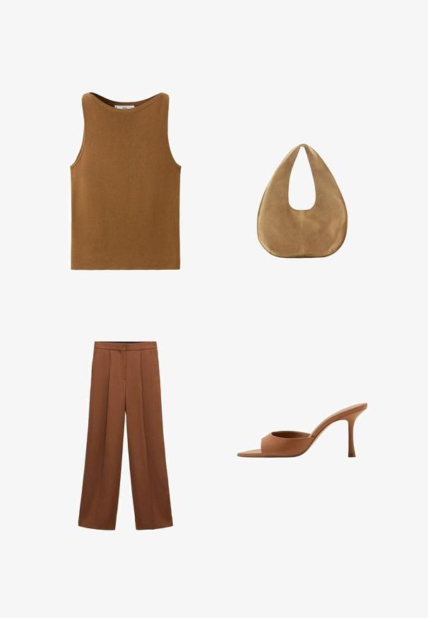 Débardeur marron en tricot sans manches avec un col rond, design simple, sans motifs ni ornements visibles.; Pantalon large marron taille haute avec plis à l'avant et poches latérales, doté d'une fermeture éclair dissimulée à l'avant et d'une fermeture au niveau de la ceinture.; Mule ouverte en cuir marron avec un talon haut fin et une large bride à l'avant, vue de profil sur fond blanc.; Sac hobo en daim couleur camel avec un corps large et arrondi et une seule anse plate, présenté sur fond blanc uni.