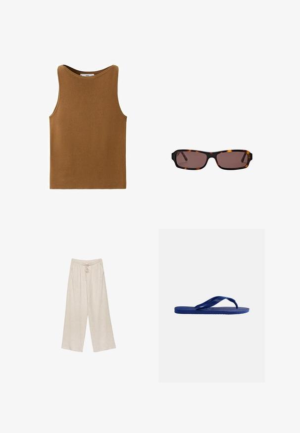 Débardeur marron en tricot sans manches avec un col rond, design simple, sans motifs ni ornements visibles.; Pantalons larges en lin beige, avec une taille à cordon, deux poches latérales et un tissu légèrement texturé pour une meilleure respiration et un confort optimal.; Tongs en caoutchouc bleu avec semelle texturée et brides en forme de Y, présentées sur un fond blanc uni.; Lunettes de soleil rectangulaires en écailles de tortue avec des verres marron foncé et des branches fines, présentées sur fond blanc.