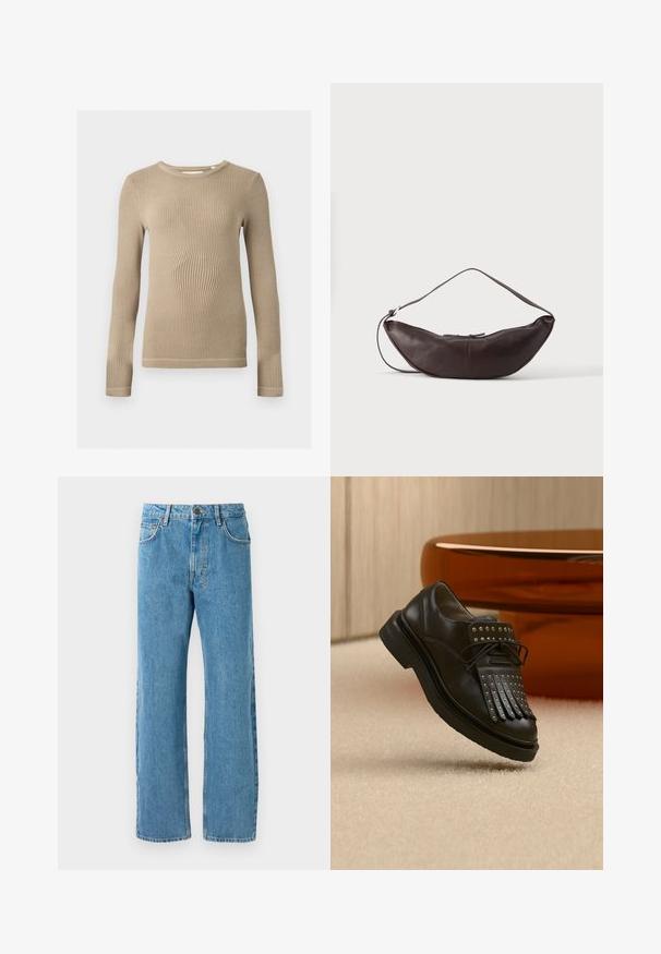 Beige geribd gebreid topje met lange mouwen, ronde hals, aansluitende pasvorm en zichtbare naden bij de zomen, tegen een effen achtergrond.; Lichtblauwe denim jeans met een losse pasvorm, voorzien van een hoge taille, vier zakken en een ritssluiting. Klassiek vijf-pocket ontwerp.; Zwarte lederen veterlaars met decoratieve franjes en metalen studs geplaatst op een beige tapijt nabij bruin meubilair.; Donkerbruine leren schoudertas in halve maan vorm met een gebogen band en zichtbare stiksels op een effen achtergrond.