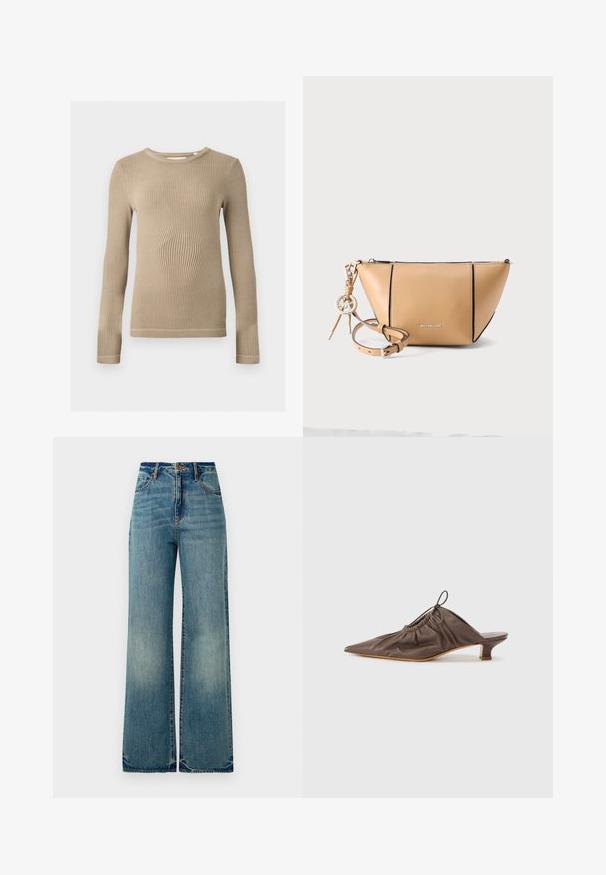 Top de punto beige con manga larga acanalada, escote redondo, silueta ajustada y costuras visibles en los dobladillos sobre un fondo liso.; Jeans de mezclilla de tiro alto y pierna ancha de color azul claro, con cinco bolsillos y dobladillos ligeramente deshilachados, que exhiben un acabado texturizado y desgastado.; Mule de cuero marrón con punta afilada, textura recogida, tacón pequeño y un acento de cordón en la abertura. Acabado suave.; Bolso bandolera de cuero color canela de Michael Kors con cierre de cremallera, borde negro y correa desmontable con charm de logo.