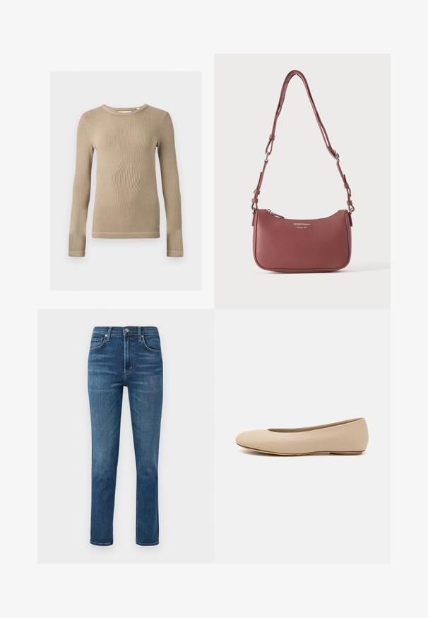 Beige ribstrikket langærmet top med rund halsudskæring, tætsiddende pasform og synlige sømmer på kanterne mod en ensfarvet baggrund.; Mørkeblå denim jeans med lige ben, fem-lomme design og en metalknap i taljen. Diskret falming og syninger.; Beige læder balletflade med afrundet tå, minimal sømdetaljering, lav hæl og subtilt logo på bagsiden. Glat, mat tekstur.; Lille tekstureret violet læderskuldertaske med justerbar rem og sølvlynlås, med Emporio Armani Milano 1981-logo på fronten.