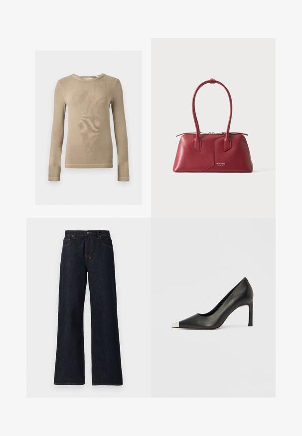 Beige ribstrikket langærmet top med rund halsudskæring, tætsiddende pasform og synlige sømmer på kanterne mod en ensfarvet baggrund.; Mørkeblå vidde jeans lavet af denim, med orange syninger, to frontlommer og en knaplukning i taljen.; Sort læder højhælet sko med spids tå og metal-sølv hætte. Har en glat finish og en slank hæl på 10 cm.; Rød læderhåndtaske med dobbelte håndtag, lynlås øverst og lille sølvlogo foran i midten.