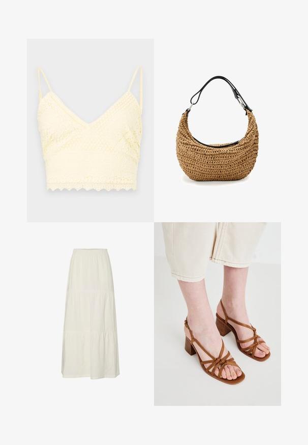 Gelbe Spitze-Bralette mit V-Ausschnitt, verstellbaren Trägern, strukturierten Mustern und gewelltem Saum.; Weiße, gestufte Maxiröhre aus leichtem, strukturiertem Stoff mit einem elastischen Bund. Sie verfügt über drei verschiedene Stoffabschnitte.; Braune Riemchen-High-Heelsandalen mit einem klobigen Absatz, ausgestattet mit geknoteten Riemen und einem offenen Zehendesign. Texturierte Sohle und verstellbarer Knöchelriemen.; Geflochtene Strohtasche in Beige mit geschwungener Silhouette, ausgestattet mit einem schwarzen Lederband und silbernen Metallakzenten. Strukturierte Oberfläche.