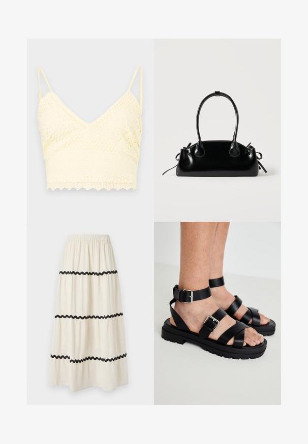 Geel kanten bralette met een V-hals ontwerp, verstelbare bandjes, textuurpatronen en een geschulpte zoom.; Gelaagde enkellange rok van crème stof met zwarte golvende rand. Voorzien van een elastische tailleband voor extra comfort en een vloeiende, lichte val.; Zwarte leren sandalen met brede banden en een enkelgesp. Stevige zool met een getextureerde afwerking. Open teenontwerp voor ademend vermogen.; Kleine zwarte glanzende handtas met twee lange hengsels en zijkant trekkoord details op een effen lichte achtergrond.