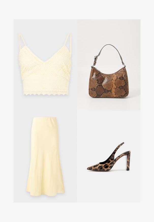 Gul blonde bralette med V-halsdesign, justerbare stropper, teksturerede mønstre og bølget kant.; Lang, lysegul nederdel med en svag udvidelse forneden, med en glat tekstur og elastisk talje.; Sandalet med leopardprint, spids tå og gennemsigtig blokhæl. Lavet af blankt materiale med en glat overflade.; Lille håndtaske med brun og sort slangeskinn mønster, kort justerbar rem og lynlåslukning.