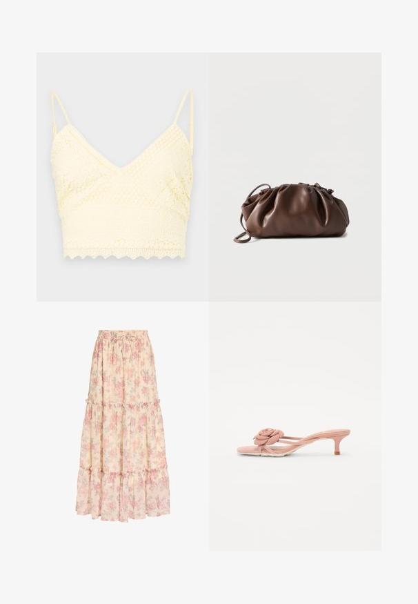 Gelbe Spitze-Bralette mit V-Ausschnitt, verstellbaren Trägern, strukturierten Mustern und gewelltem Saum.; Langer beiger Rock mit pinkem Blumenmuster, elastischem Bund mit Kordelzug und gestuften Rüschen-Details.; Helle rosa Rutschsandalen mit einem strukturierten Blumendetail am Riemen und einem kleinen Absatz. Weiches Material und offenes Design.; Weiche braune Lederbeuteltasche mit gerafftem oberen Teil und schmalem Riemen, auf weißem Hintergrund liegend.