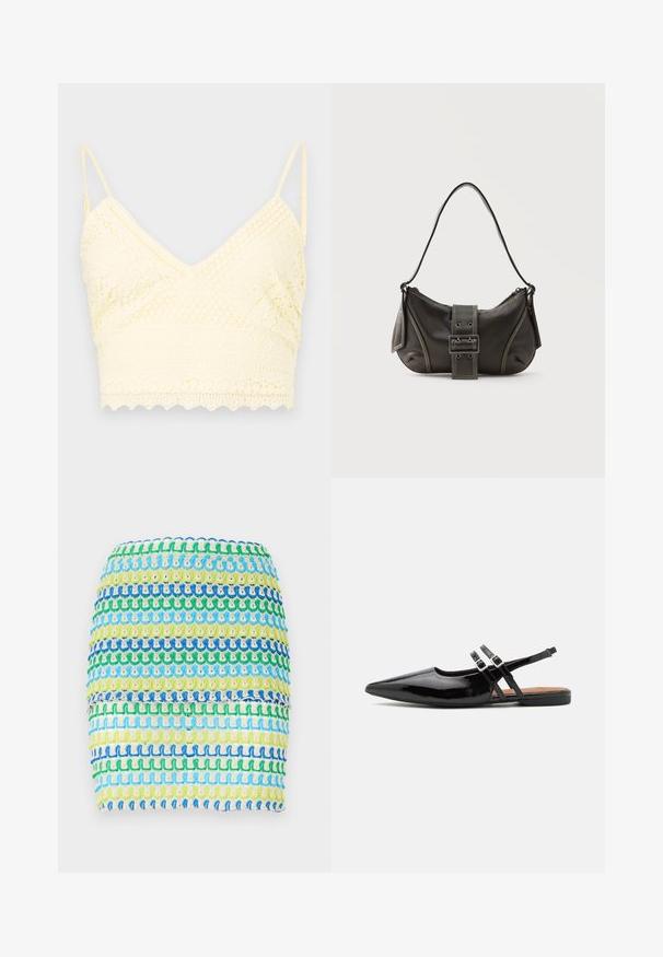 Kollane pitsist bralette v-kaelusega, reguleeritavad rihmad, tekstuurilised mustrid ja sakiline äär.; Kangaste mini seelik, millel on horisontaalne triibuline mustriga sinises, rohelises ja kollases toonis. Disainil on tekstuuriga, kootud välimus koos kihilise efektiga.; Mustad lakknahast slingback kingad on terava ninaga, kahe rihmaga, millel on klambriga aktsendid, ning lame tald.; Mustast nahast õlakott pandlanööriga detailiga, kõverate servade ja kontrastse valge õmblusega tavalise tausta peal.