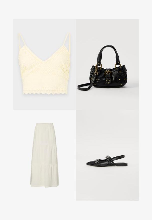 Gul blonde bralette med V-halsdesign, justerbare stropper, teksturerede mønstre og bølget kant.; Hvid, lagdelt maxiskørt lavet af let, struktureret stof med elastisk talje. Har tre forskellige stofsektioner.; Even&Odd Slingback-ballerinasko - black; Sort læderhåndtaske med guldbælge og nitdetaljer, korte håndtag og en justerbar skulderrem på en ensfarvet hvid baggrund.