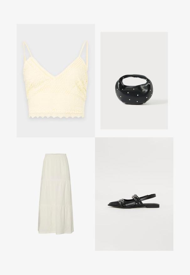 Gul blonde bralette med V-halsdesign, justerbare stropper, teksturerede mønstre og bølget kant.; Hvid, lagdelt maxiskørt lavet af let, struktureret stof med elastisk talje. Har tre forskellige stofsektioner.; Even&Odd by Zalando Slingback-ballerinasko - black; Sort læderhåndtaske med en rundet form, dekoreret med sølvnitter, og et kort håndtag. Glat tekstur og lynlåslukning.