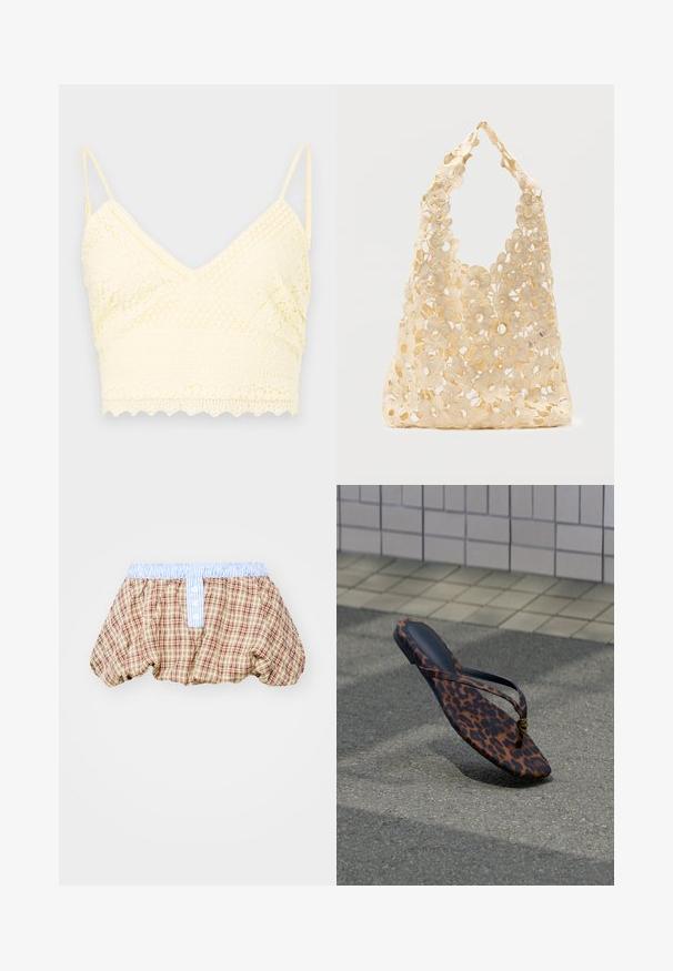 Gul blonde bralette med V-halsdesign, justerbare stropper, teksturerede mønstre og bølget kant.; Ternede puffede shorts i brun, beige og rød med en lyseblå stribet taljeelastik og knapdetaljer foran.; Flip-flop sandaler med leopardprint og tynde remme hviler på en belagt overflade nær en flisebelagt væg.; Beige hæklet shoppertaske med åbent blomsterdesign, der indeholder store og små blomster samt et enkelt løkkehåndtag.