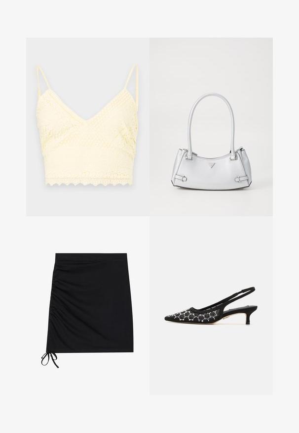 Geel kanten bralette met een V-hals ontwerp, verstelbare bandjes, textuurpatronen en een geschulpte zoom.; Zwarte mini-jurk van zachte stof, met zij-ruche en strikjes aan de zoom. Glad materiaal met een aansluitende pasvorm.; Zwarte slingback pump met puntige neus, versierd met heldere pailletten in een spiraalpatroon, en een lage kittenheel. Zacht materiaal en gestructureerde afwerking.; Zilveren handtas met een gestructureerd ontwerp, voorzien van twee handvatten, een glanzende textuur, opvallende hardware en een driehoekig logo aan de voorkant.
