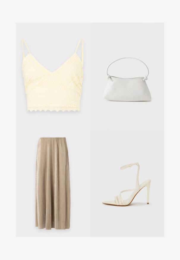Gul blonde bralette med V-halsdesign, justerbare stropper, teksturerede mønstre og bølget kant.; Plisseret beige midi-skjørt med elastisk talje, der har lodrette striber og en flydende silhuet for nem bevægelse.; Beige sandaler med høje hæle og spids tå, med tre stropper foran og en tynd ankelrem med spænde. Glat tekstur, minimalistisk design.; Hvid fletlæderhåndtaske med afrundet håndtag og ender på remmen, der er knyttet, vist mod en ensfarvet baggrund.