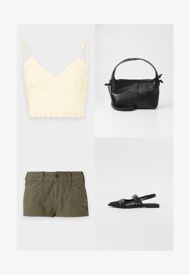 Gul blonde bralette med V-halsdesign, justerbare stropper, teksturerede mønstre og bølget kant.; Olivengrønne shorts lavet af et letvægtsstof, med en talje med metalaccenter og sidelommer. Struktureret overflade med stikningsdetaljer.; Even&Odd by Zalando Slingback-ballerinasko - black; Sort læderhåndtaske med et struktureret design, rund tophåndtag og aftagelig skulderrem. Den har en glat tekstur og en subtil glans.