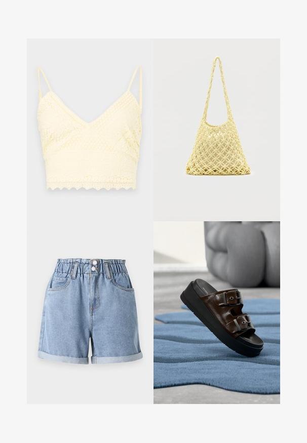 Geel kanten bralette met een V-hals ontwerp, verstelbare bandjes, textuurpatronen en een geschulpte zoom.; Lichtblauwe denim shorts met een elastische tailleband, twee voorkruiden, omgeslagen zoom en dubbele knoopsluiting. Gladde textuur, casual ontwerp.; Bruine leren slippers met twee verstelbare zilveren gespen op een zwarte plateauzool, geplaatst op een gestructureerd blauw tapijt.; Gele macramé net tas met lange band en beige tasje erin, getoond op een effen witte achtergrond.