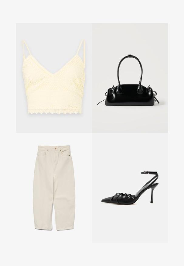 Gul blonde bralette med V-halsdesign, justerbare stropper, teksturerede mønstre og bølget kant.; Beige bomulds brede bukser med høj talje, der har to forlommer og en enkelt knaplukning. Glat tekstur; ankellang.; Sort spids hæl med bølgede kanter, metaløjer, snørelukning foran og ankelrem med spænde.; Lille sort blank håndtaske med to lange håndtag og snøre-detaljer i siden på en ensfarvet lys baggrund.