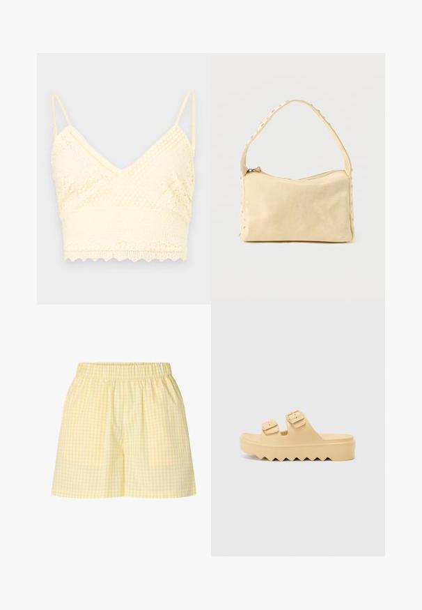 Brassière en dentelle jaune avec un design à encolure en V, des bretelles réglables, des motifs texturés et un ourlet en forme de vague.; Short vichy jaune et blanc avec taille élastique, coupe décontractée et ouvertures de jambes droites.; Sandales plateformes à deux boucles en caoutchouc jaune doux avec une semelle crantée pour une meilleure adhérence. Surface lisse avec des sangles réglables et un bout arrondi.; Petit sac à main en cuir beige avec une seule bandoulière et des clous argentés le long des bords et de la bandoulière, posé sur un fond uni.