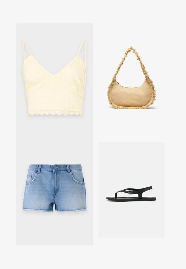 Brassière en dentelle jaune avec un design à encolure en V, des bretelles réglables, des motifs texturés et un ourlet en forme de vague.; Shorts en denim bleu clair, présentant un ourlet effiloché, un design cinq poches et une fermeture à bouton en métal à la taille.; Sandale plate noire avec bride à la cheville, entre-doigt et boucle argentée sur semelle lisse, vue de côté sur fond blanc.; Sac beige texturé de forme arrondie, avec un bord effiloché tout le long des bords et une courte sangle pour le porter. Ouverture zippée en haut.
