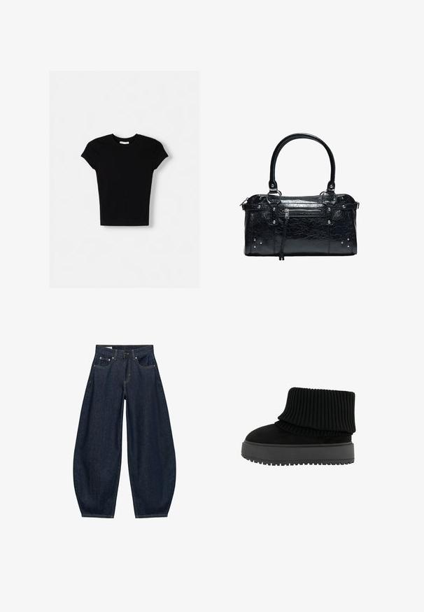 Schwarzes kurzärmeliges T-Shirt aus Baumwolle. Schmal geschnittenes Design, runder Ausschnitt und glatte Textur. Keine sichtbaren Muster oder zusätzlichen Merkmale.; Dunkelblaue Jeans mit weitem Bein, vorderen Taschen, Gürtelschlaufen und Knopfverschluss in der Taille.; Schwarze Knöchelstiefel mit einem gerippten Strickkragen und einer flachen, strukturierten Sohle. Hergestellt aus einer Kombination aus Wildleder und elastischen Materialien.; Schwarze Lederhandtasche mit zwei Griffen, vorderer Reißverschlusstasche mit Quaste und kleinen silbernen Nieten an den Ecken.