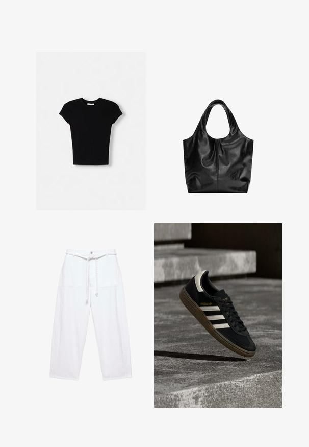 T-shirt noir à manches courtes en coton. Design ajusté, col rond et texture lisse. Aucun motif ni élément supplémentaire visible.; Pantalon blanc à jambes larges avec poches plaquées à l'avant et ceinture tressée nouée à la taille, fermeture à bouton et zip.; Baskets Adidas noires avec des bandes blanches et une semelle en gomme flottant au-dessus d'escaliers en béton gris sous une lumière naturelle.; Sac fourre-tout en cuir noir avec une texture lisse, un haut arrondi doux et de larges poignées. Présente une couture minimale et une silhouette décontractée.