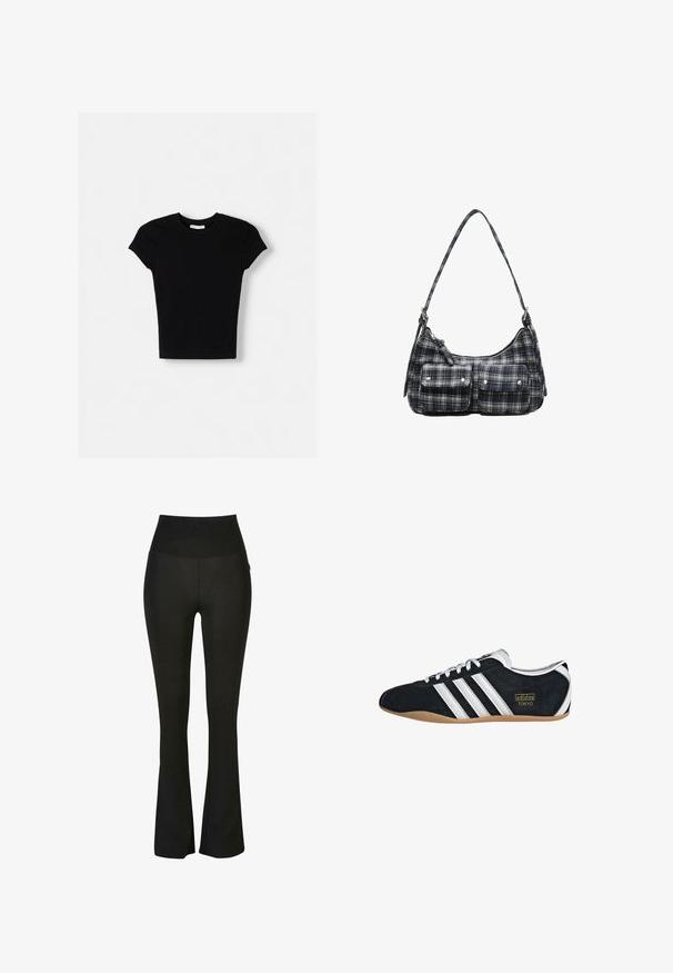 T-shirt noir à manches courtes en coton. Design ajusté, col rond et texture lisse. Aucun motif ni élément supplémentaire visible.; Leggings noirs évasés avec une taille haute, fabriqués à partir d'un matériau lisse et extensible. Présente une silhouette ajustée et des coutures discrètes.; Sneakers en suede noir avec trois bandes blanches, logo doré et semelle en caoutchouc marron. Présente un design à lacets à profil bas.; Petit sac à bandoulière à carreaux noir et blanc avec poches avant à boutons-pression et fermeture éclair sur le dessus.