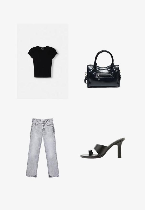 Schwarzes kurzärmeliges T-Shirt aus Baumwolle. Schmal geschnittenes Design, runder Ausschnitt und glatte Textur. Keine sichtbaren Muster oder zusätzlichen Merkmale.; Graue Jeans aus Denim mit geradem Bein, mit Used-Effekten, fünf Taschen und kupferfarbenen Nieten. Der Bund verfügt über ein Logoshirt.; Schwarze Sandale mit hohem Absatz, breitem Riemen über dem Fuß und einer Zehenschlaufe, von der Seite auf weißem Hintergrund gezeigt.; Schwarze glänzende Lederhandtasche mit zwei Griffen, vorderer Reißverschlusstasche und abnehmbarem Schulterriemen auf weißem Hintergrund.