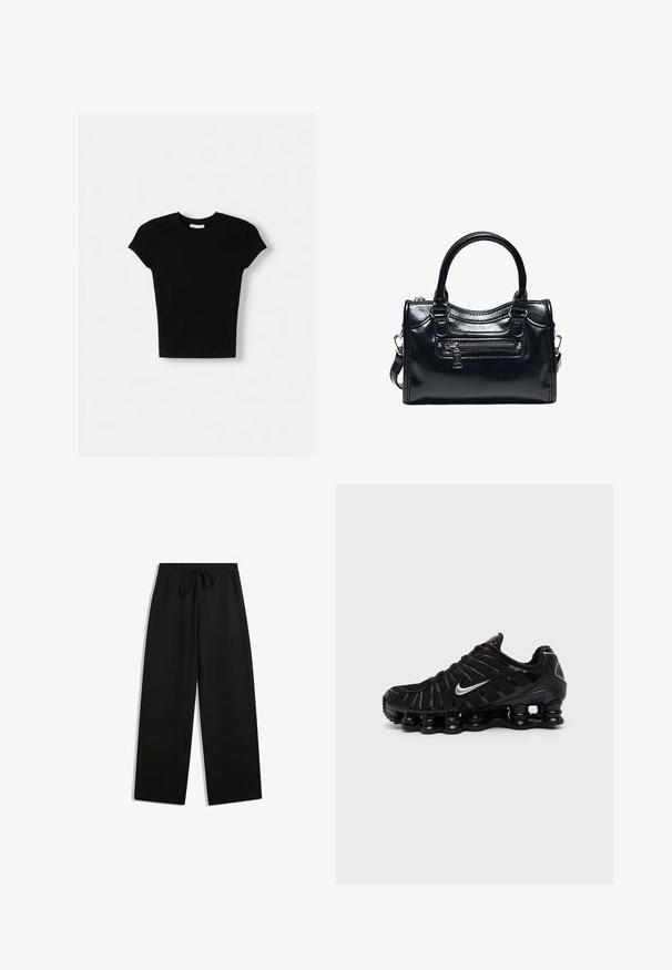 T-shirt noir à manches courtes en coton. Design ajusté, col rond et texture lisse. Aucun motif ni élément supplémentaire visible.; Pantalons de survêtement noirs en tissu doux, avec une taille à cordon de serrage, un design à jambe large et sans motifs ni accents visibles.; Chaussure de sport Nike noire avec logo Swoosh argenté, tige en mesh et synthétique, et semelle coussinée segmentée distinctive.; Sac à main en cuir noir brillant avec deux poignées, poche avant zippée et bandoulière amovible sur fond blanc.