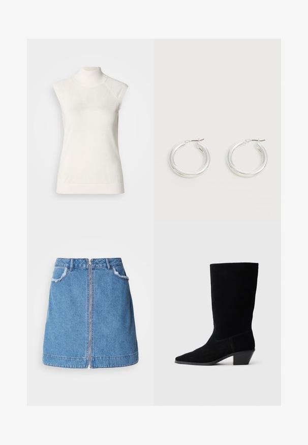 Varrukateta valge turtleneck-top, valmistatud pehmest materjalist; omab istuvat lõiget, kõrget kaelust ja õrna soonikkoelist tekstuuri ääres.; Hele sinine denim seelik, millel on ees lukuga taskud, kulunud taskuääred ja sirge lõige. Hem on veidi kõver.; Mustad ehted mustast sametist, terava nina, keskmise kõrgusega sääremise ja massiivse kontsaga. Omab minimaalset õmblust ja sujuvat tekstuuri.; Keskmise suurusega läikivad hõbedased rõngakujulised kõrvarõngad õhukeste metallist kinnitustega heledal neutraalsel taustal.