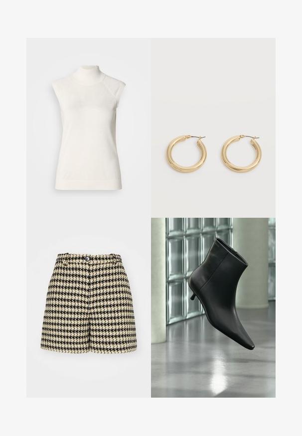 Top sin mangas de cuello alto blanco hecho de material suave; presenta un diseño ajustado con un cuello alto y una textura acanalada sutil en el dobladillo.; BOSS TASETO - Shorts - black/off-white; Botín negro de cuero con punta puntiaguda y tacón bajo estilo kitten, mostrado en ángulo sobre un suelo pulido y con una pared de bloques de vidrio de fondo.; Par de pendientes gruesos de aro dorados y brillantes con postes de metal sobre un fondo gris claro.