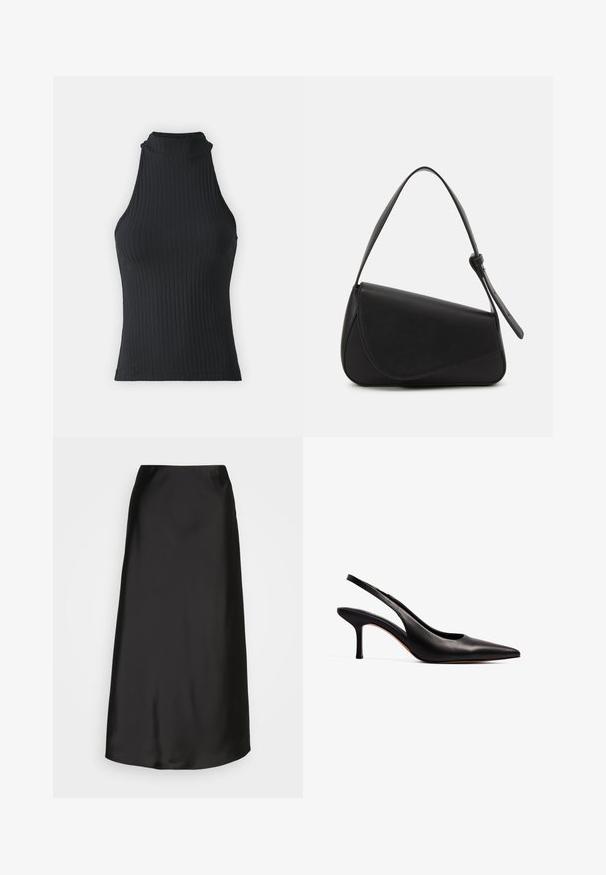 Haut sans manches noir à col montant, avec une coupe ajustée et un tissu extensible, présentant une texture subtile et des bords ourlés.; Jupe midi en satin noir avec une texture lisse, en forme A, et un éclat subtil. Présente un design épuré et simple sans embellissements.; NA-KD Escarpins - black; Sac à main en cuir noir de forme triangulaire, avec un rabat incliné et une poignée supérieure arrondie. Il présente une texture lisse et des détails de design minimalistes.