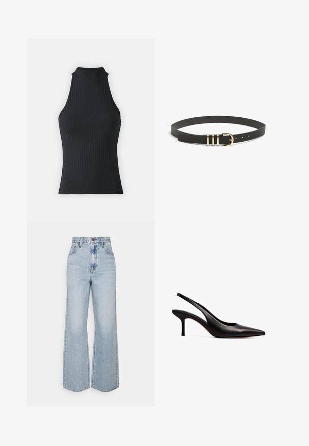 Schwarzes, geripptes, hochgeschlossenes ärmelloses Oberteil mit taillierter Form und dehnbarem Stoff, der eine subtile Textur und gesäumte Kanten aufweist.; Helle blaue Jeans im weiten Schnitt mit hoher Taille, klassischem Fünf-Taschen-Design und kontrastierenden Nähten. Unfinished Saum am unteren Ende.; NA-KD Pumps - black; Schwarzer, strukturierten Leder Gürtel mit einer goldenen Metallschnalle, die drei horizontale Streifen und mehrere Einstelllöcher aufweist.