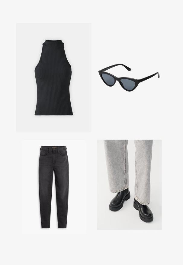 Zwart geribbeld hoog-nekkleed zonder mouwen met een getailleerde pasvorm en rekbaar materiaal, met een subtiele textuur en afgewerkte randen.; Zwarte hoog-taille slim-fit jeans met voor- en achterzakken, knoopsluiting en riemlussen, weergegeven op een witte achtergrond.; Vagabond COSMO - Enkellaarsjes met plateauzool - black; Zwarte cat-eye zonnebril met donkergrijze lenzen, slank plastic frame, puntige hoeken en rechte pootjes. Geen zichtbare hardware of accenten.
