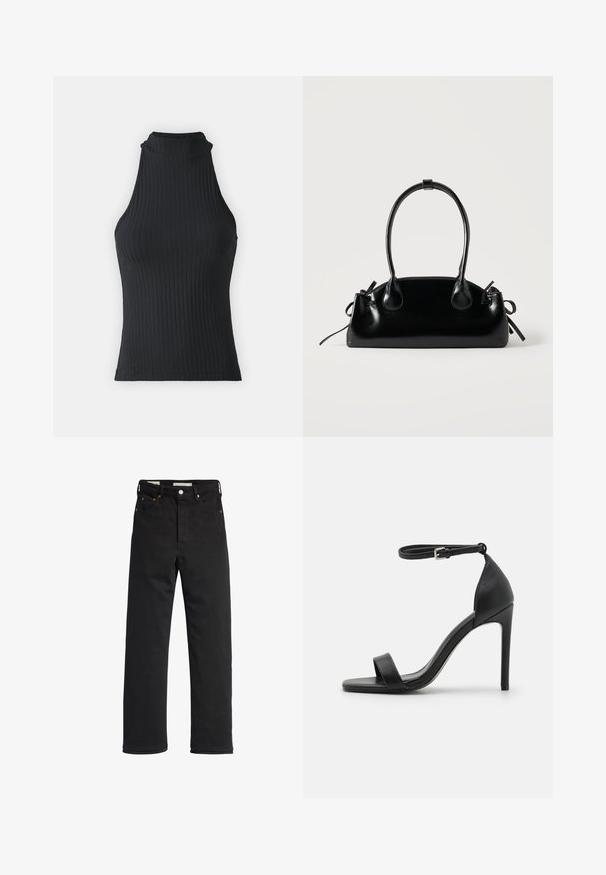 Sort ribbet højhalset ærmeløs top med en tætsiddende form og strækbart stof, der har en subtil tekstur og kantede kanter.; Sorte denim jeans med lige ben, der har en høj talje, fem-lomme design, metal knaplukning og minimale syninger.; Sort højhælet sandal med et sleek design, der har en ankelrem, åben tå og glat lædertekstur.; Lille sort blank håndtaske med to lange håndtag og snøre-detaljer i siden på en ensfarvet lys baggrund.