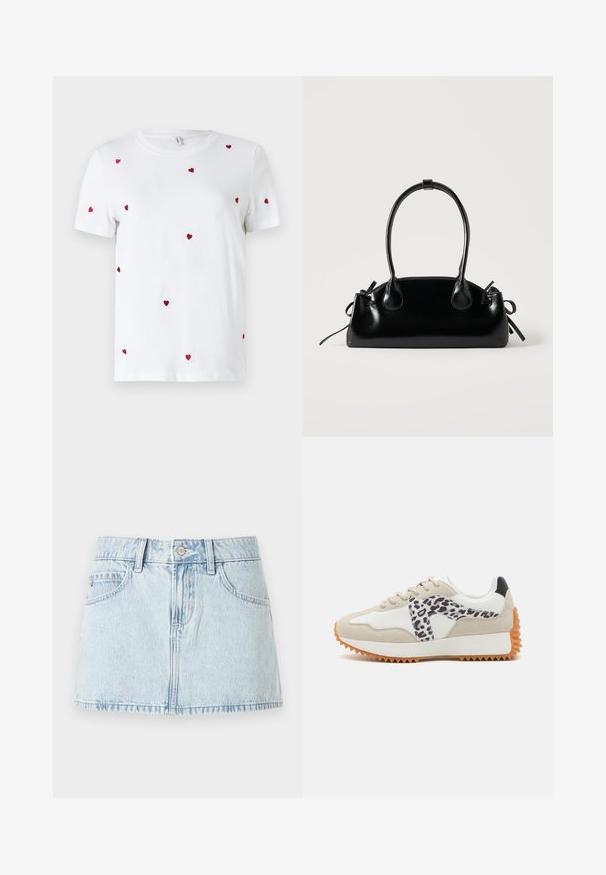 T-shirt en coton blanc avec des cœurs rouges brodés éparpillés. Encolure classique ronde et manches courtes. Design simple et moderne.; Mini-jupe en denim bleu clair avec boutons sur le devant, passants de ceinture et poches avant, présentée sur un fond blanc.; Baskets beiges et blanches avec un panneau à imprimé léopard, en suédine texturée et semelle en caoutchouc avec des rainures pour une meilleure traction. Lacets et col rembourré inclus.; Petit sac à main noir brillant avec deux longues anses et des détails à cordon sur les côtés sur un fond clair uni.