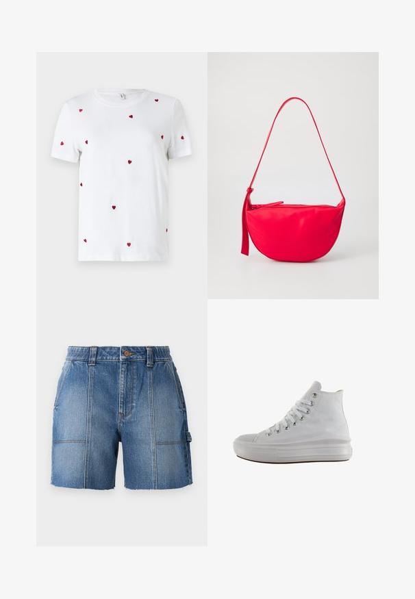 Witte katoenen t-shirt met verspreide rode geborduurde hartjes. Klassieke ronde hals en korte mouwen. Eenvoudig, modern ontwerp.; Lichte blauwe denim short met een rafelige zoom, uitgerust met een aansluitende taille, riemlussen en twee voorkeepockets.; Witte hoge canvas sneaker met witte veters, metalen oogjes, dikke rubberen zool en gestructureerde neuskap, naar links gericht op een witte achtergrond.; Rode leren schoudertas met een gebogen vorm, een ritssluiting en een dunne verstelbare schouderriem. Gladde textuur met stiksel details.